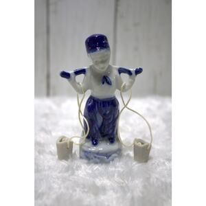 Vintage Blue & White Porcelain Figurine Water Carrier with Buckets  5" Tall